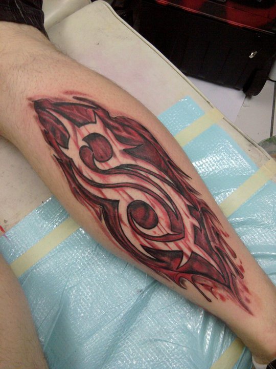 Amazing Burning Slipknot Logo Tattoo On Back Leg