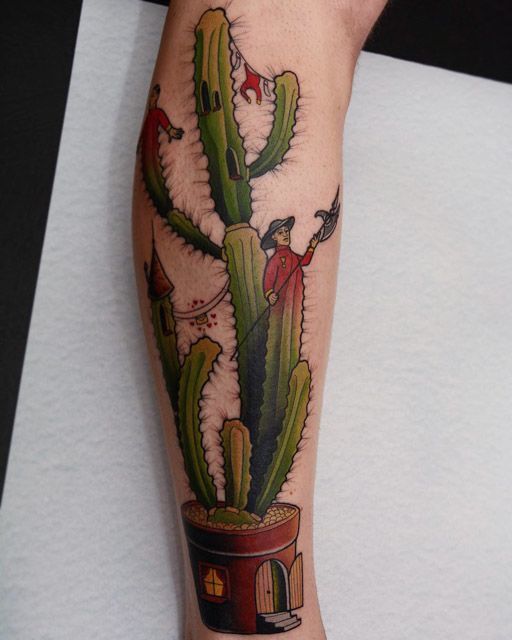 Amazing Cactus Castle Tattoo On Leg
