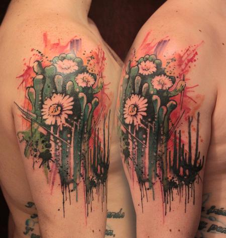 Amazing Cactus Plants Watercolor Tattoo On Right Shoulder