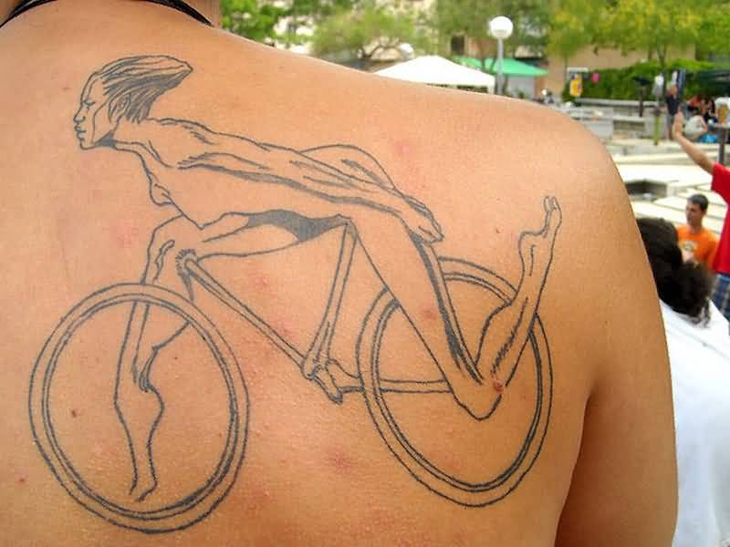 Amazing Creative Cycle Tattoo On Upper Back
