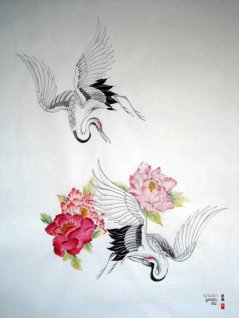 Amazing Flowers And Crane Tattoo Design