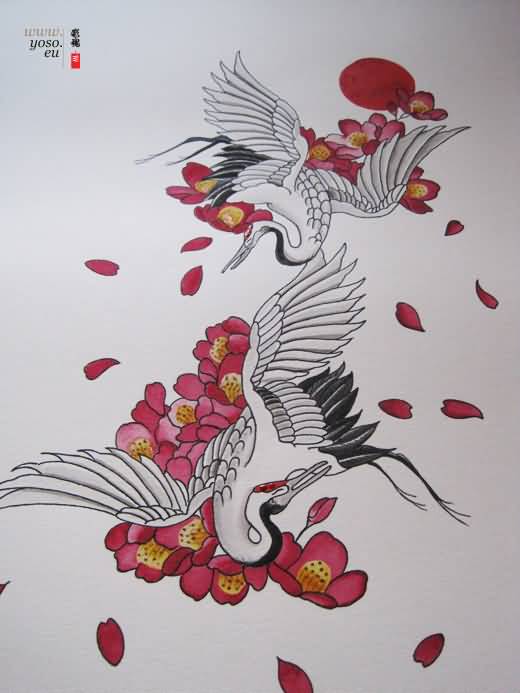 Amazing Flowers and Flying Crane Tattoo Design