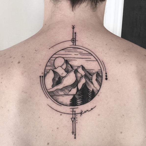 Amazing Geometric Mountains Tattoo On Upper Back By Elisa Debellard