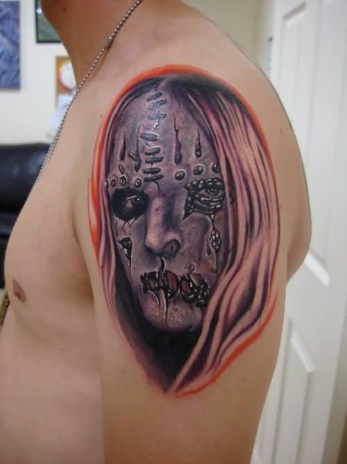 Amazing Joey Of Slipknot Band Face Tattoo On Left Shoulder
