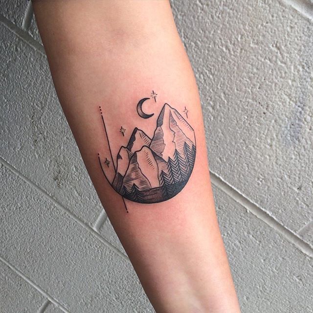 Amazing Mountains And Trees In Night Tattoo On Arm Sleeve By Ilana Joy