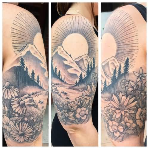 Amazing Mountains With Flowers And Sun Tattoo On Half Sleeve