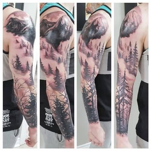 Amazing Mountains With Pine Trees Tattoo On Full Sleeve