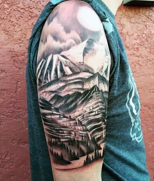 Amazing Mountains With Trees And Sun Tattoo On Half Sleeve