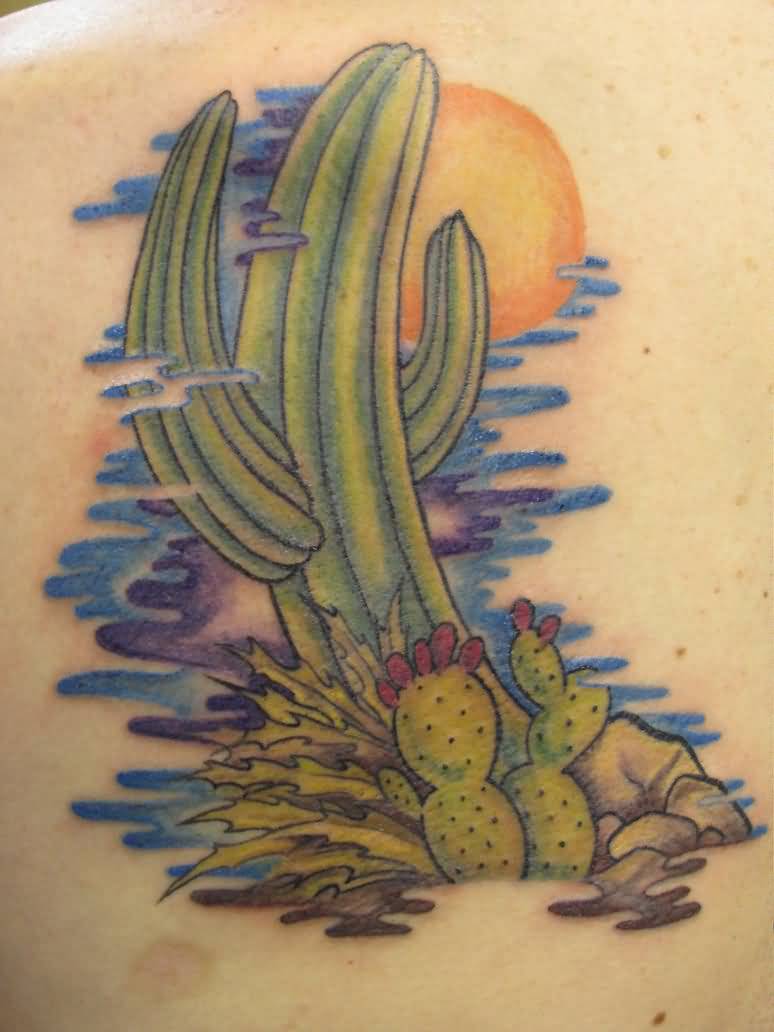 Amazing Saguaro Cactus With Yellow Sun Tattoo