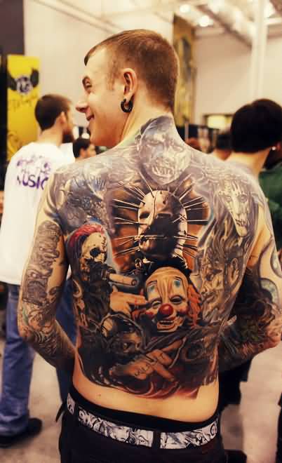 Amazing Slipknot Band Portrait Tattoo On Full Back For Men