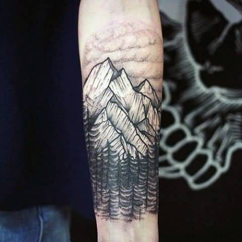 Amazing White Mountains With Pine Trees Tattoo On Forearm