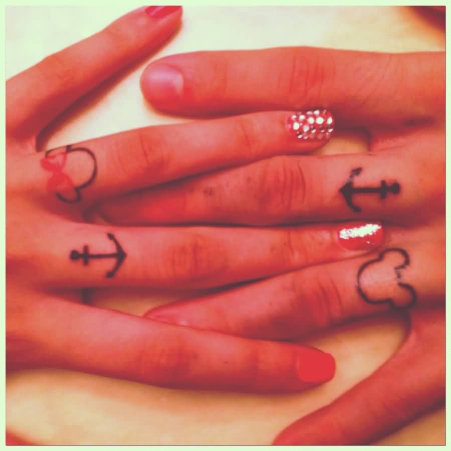 Anchor And Outline Micky And Minny Mouse Matching Tattoos On Fingers