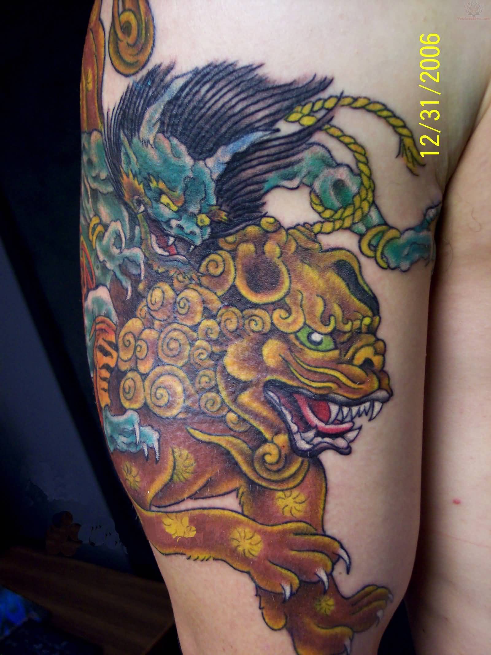 Angry Foo Dogs With Rope Tattoo On Right Half Sleeve