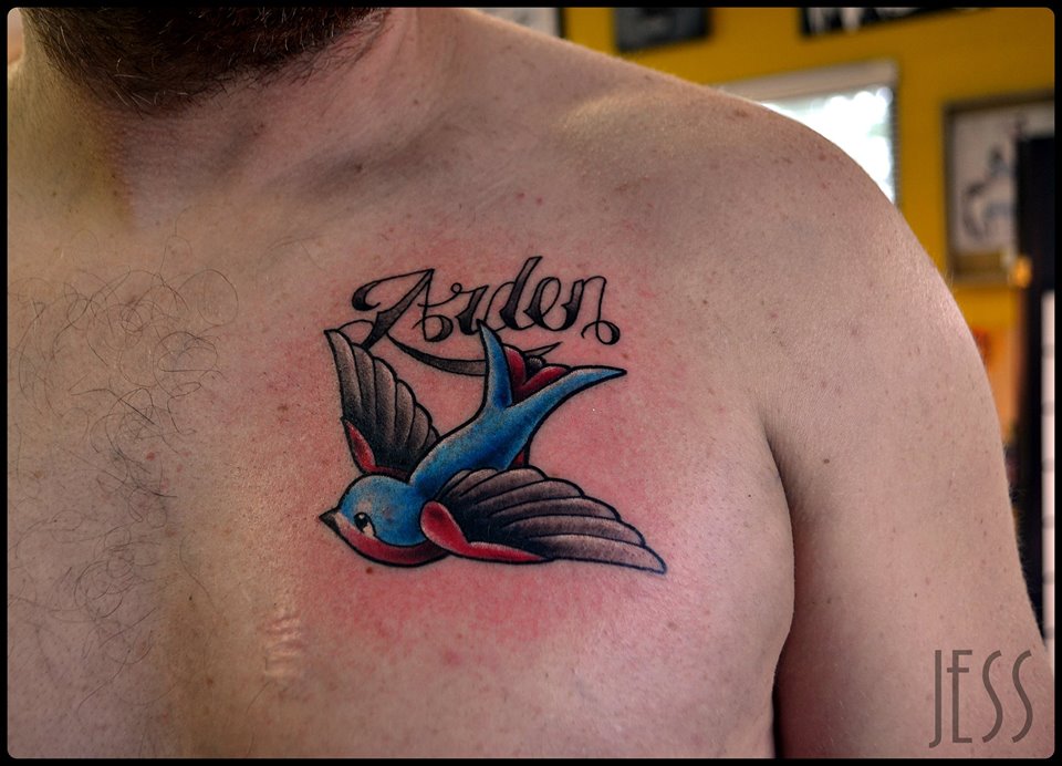Arden Name And Bird Tattoo On Chest by Jess Dunfield