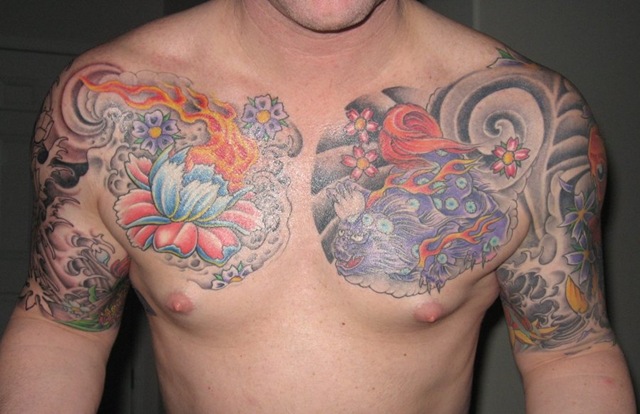 Asian Lotus Flower With Foo Dog Tattoo On Chest