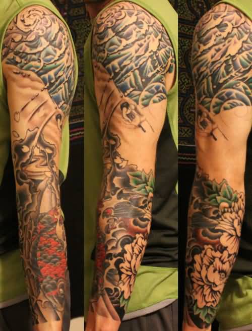 Attractive Mountains With Flowers And Clouds Tattoo On Full Sleeve