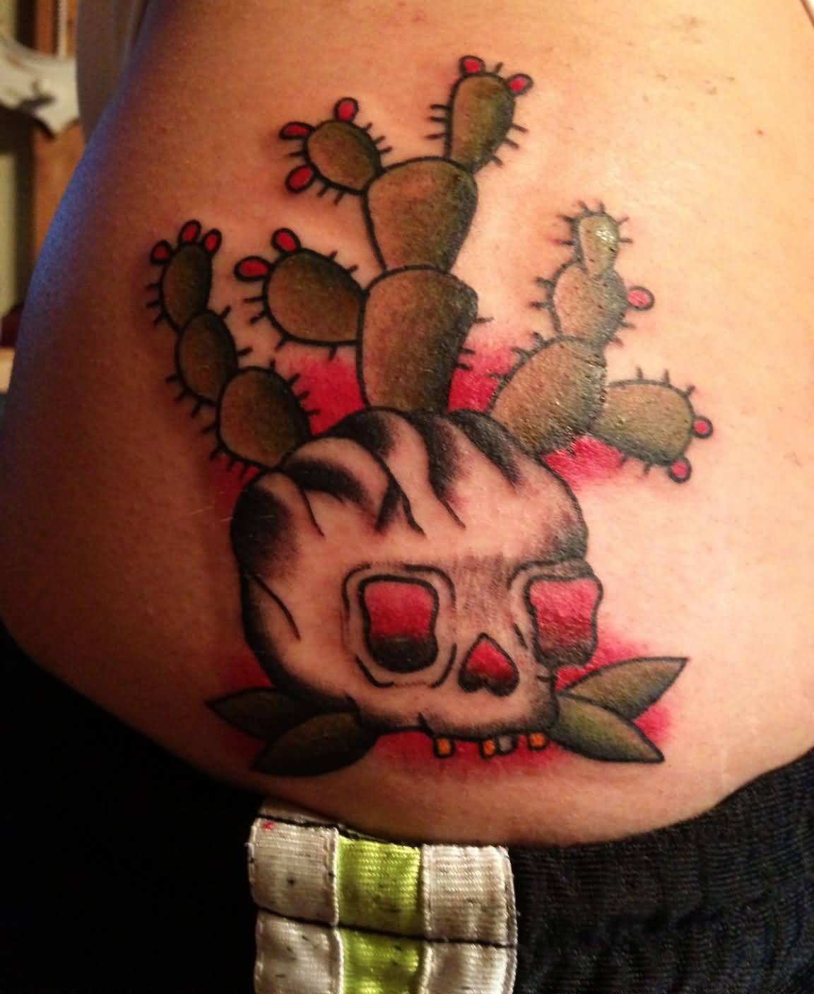Awesome Cactus With Skull Traditional Tattoo