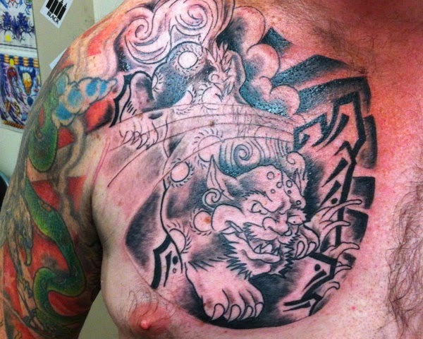 Awesome Chinese Foo Dog Tattoo On Right Chest
