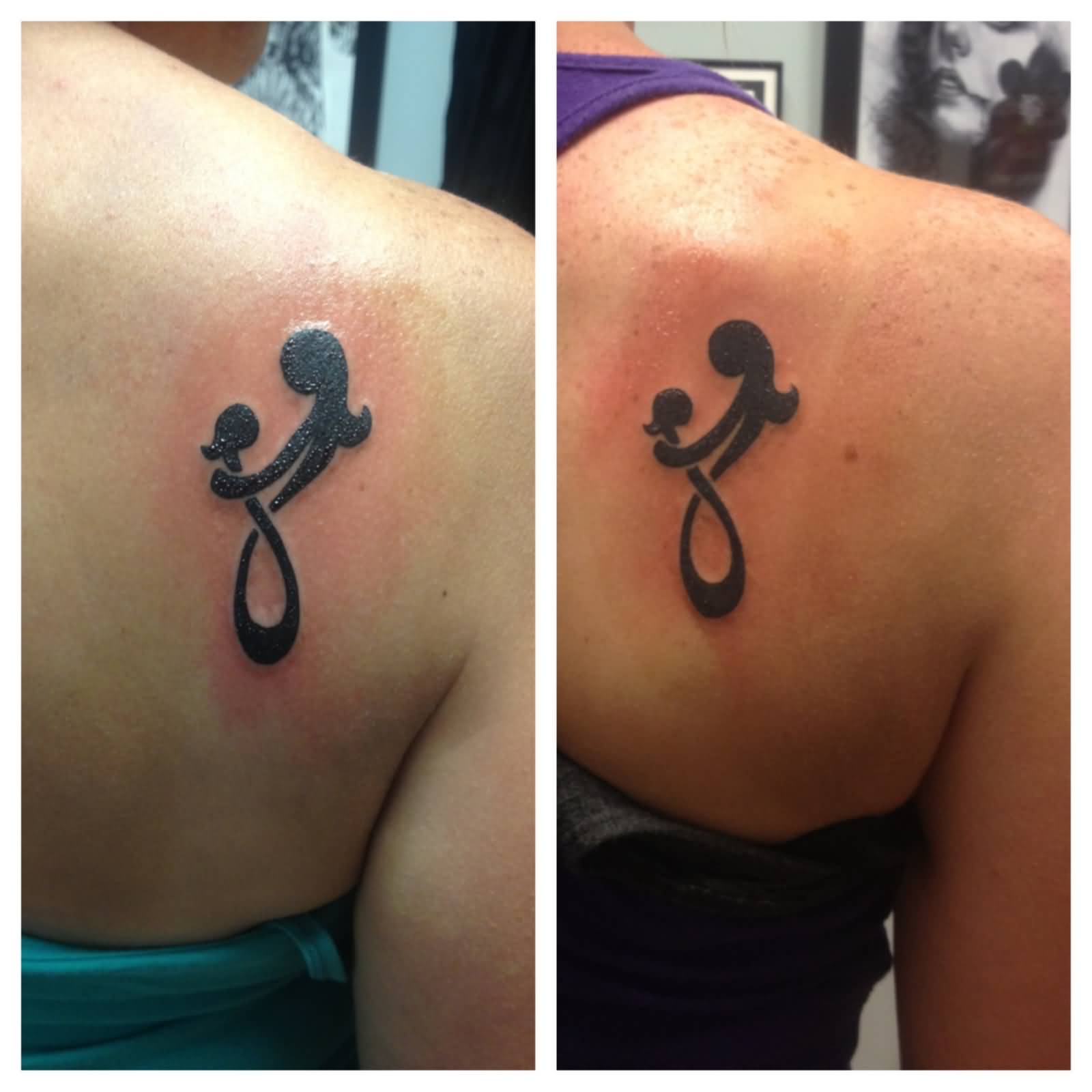 Awesome Creative Mom And Kid Symbol Matching Tattoos On Right Shoulders