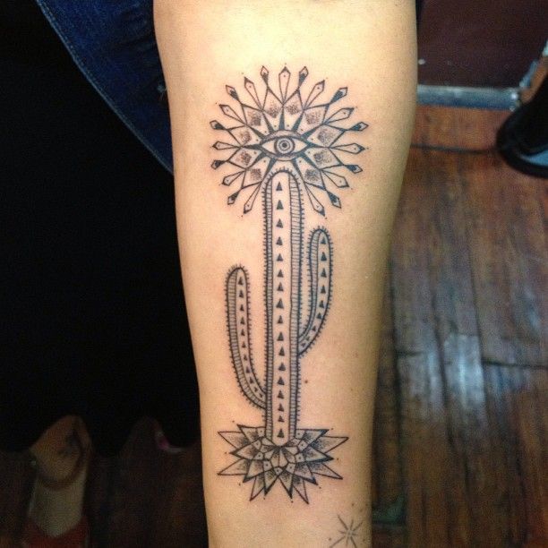 Awesome Dotwork Eye Cactus Tattoo On Forearm