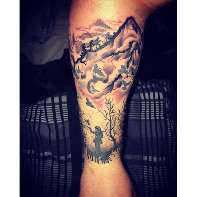 Awesome Mountains With Girl And Trees Tattoo On Arm Sleeve