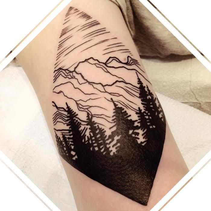 Awesome Mountains With Trees In Diamond Shape Tattoo