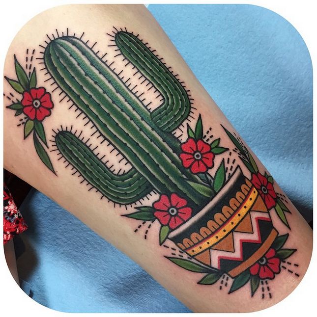 Awesome Saguaro Cactus In Pot Traditional Tattoo By Becca Genne Bacon
