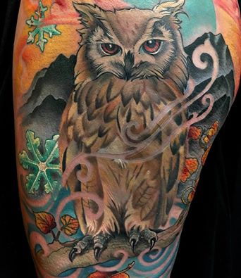 Awesome Snowflakes in Mountains With Owl Tattoo On Thigh by Melissa Fusco
