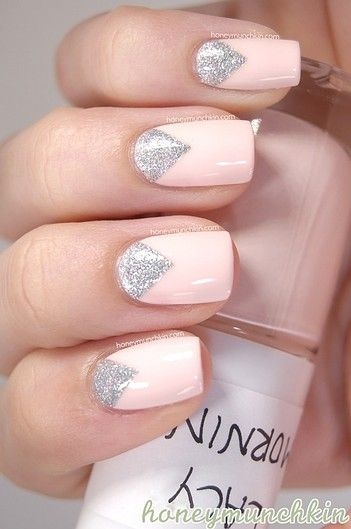 Baby Pink Nails With Silver Glitter Reverse French Tip Nail Art