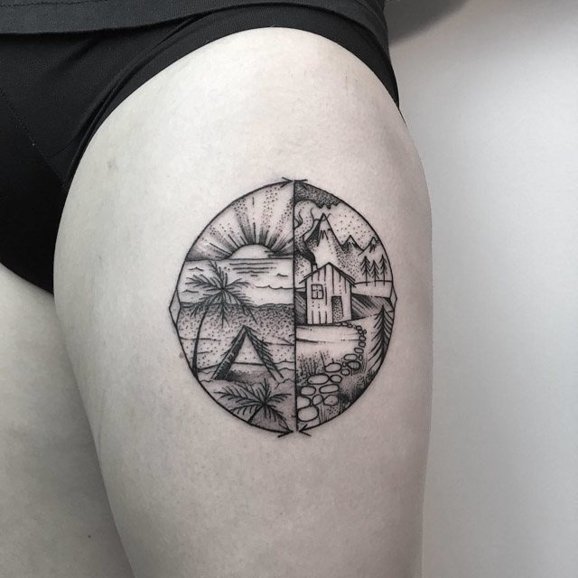 Beach And Mountain With House  In Circle Dotwork  Tattoo