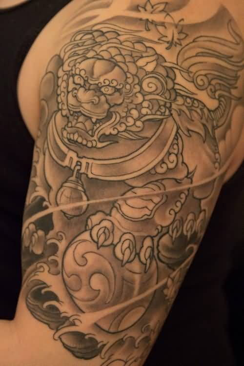 Beautiful Angry Foo Dog Tattoo On Left Half Sleeve