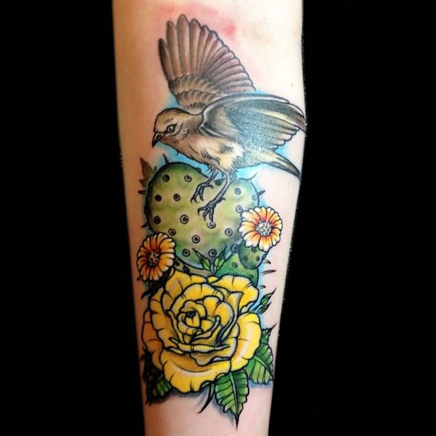 Beautiful Bird Cactus And Yellow Rose Tattoo On Arm Sleeve