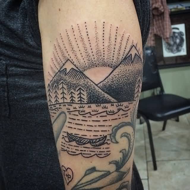 Beautiful Black And Grey Mountain With Rising Sun Dotwork Tattoo On Half Sleeve