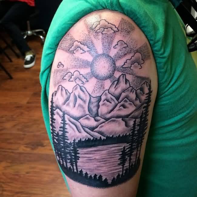 Beautiful Black And Grey Mountains View Tattoo On Right Shoulder