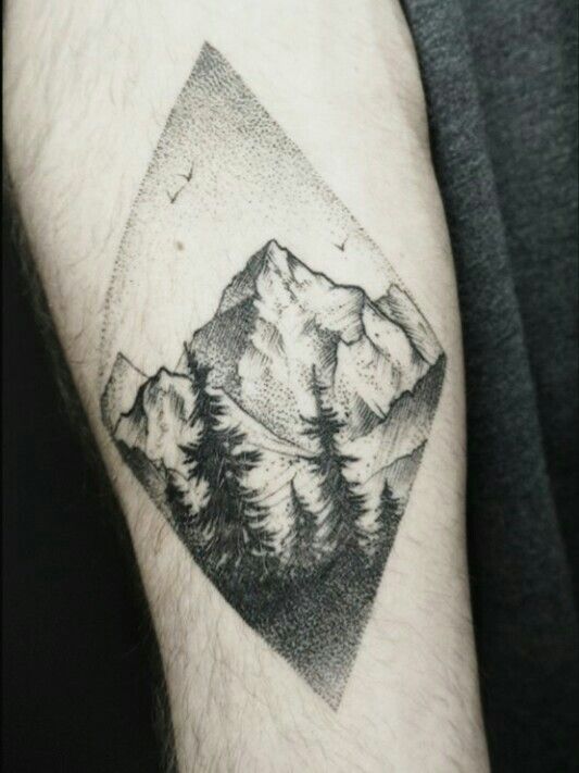 Beautiful Black And White Mountains With Pine Trees In Diamond Shape Tattoo On Forearm