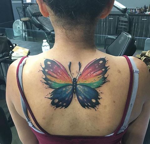 Beautiful Butterfly Tattoo On Upper Back by Chad Lambert