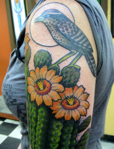 Beautiful Cactus With Bird Tattoo On Left Shoulder