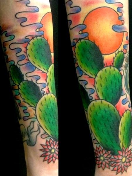 Beautiful Cactus With Red Sun And Clouds Traditional  Tattoo On Forearm