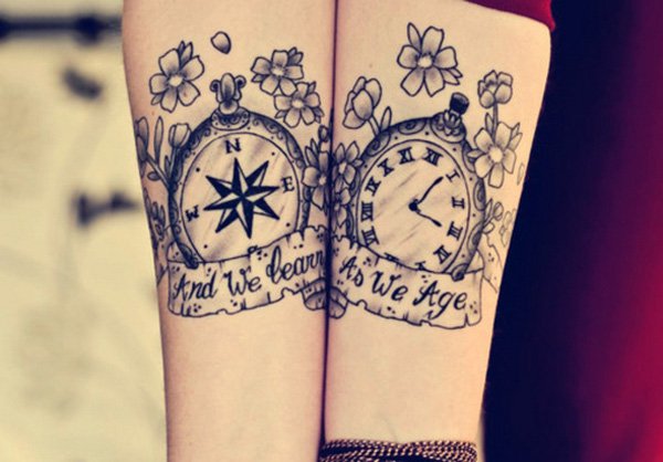 Beautiful Compass With Watch And Banner Matching Tattoos On Forearms