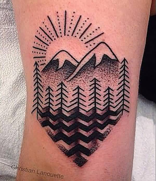 Beautiful Dotwork Mountains With Trees Tattoo