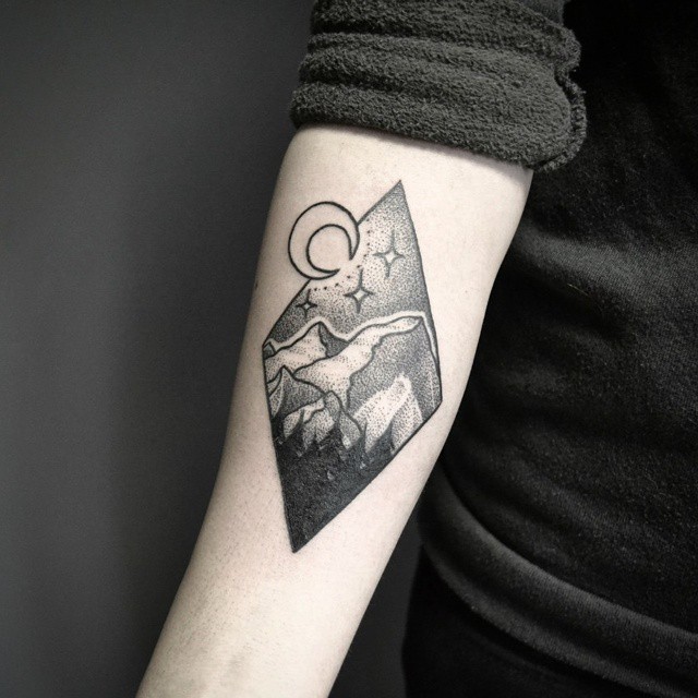 Beautiful Grey And Black Mountains With Half Moon And Trees In Metric Shape Tattoo On Forearm