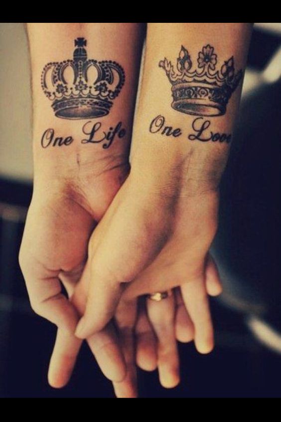 Beautiful King And Queen Crowns With Lettering Matching Tattoos On Wrists