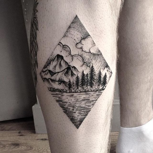 Beautiful Landscape Mountains With Pine Trees Tattoo On Leg By Sergeant