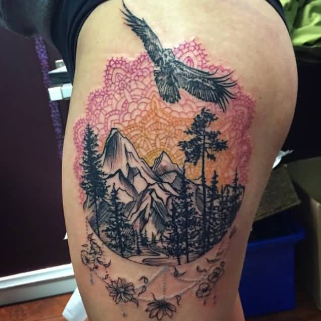 Beautiful Mandala Mountains With Trees Tattoo By Jenelle Walsh