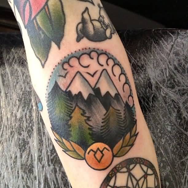 Beautiful Mountains And Trees In Circle Traditional Tattoo