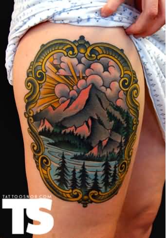 Beautiful Mountains And Trees In Frame Traditional Tattoo On Thigh