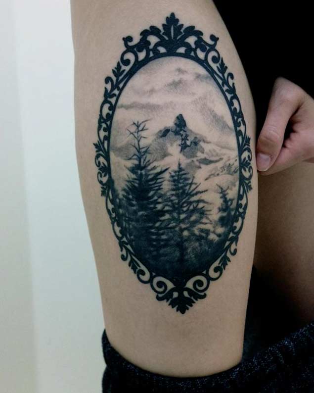 Beautiful Mountains And Trees In Mirror Tattoo On Leg