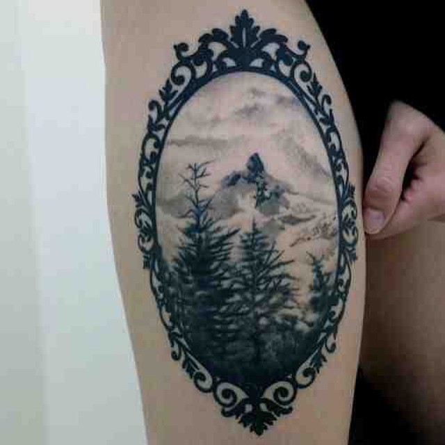 Beautiful Mountains And Trees In Nice Mirror Tattoo On Thigh