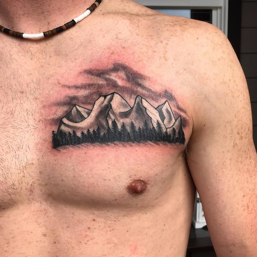 Beautiful Mountains And Trees Tattoo On Chest