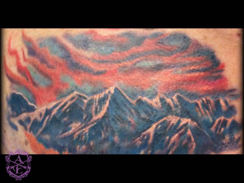 Beautiful Mountains Sunset Scene Tattoo By Sean Ambrose